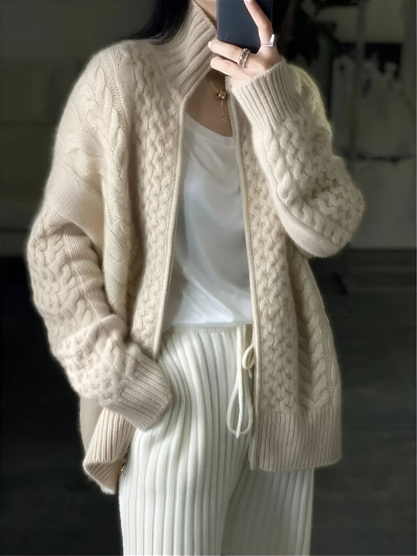 Women’s Thick Turtleneck Cashmere Knit Cardigan – Loose Winter Wool Sweater Jacket
