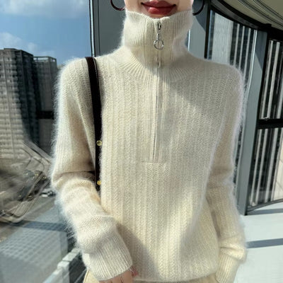 Women's 100% Mink Cashmere Mock-Neck Zipper Sweater – Soft Knit Winter Pullover