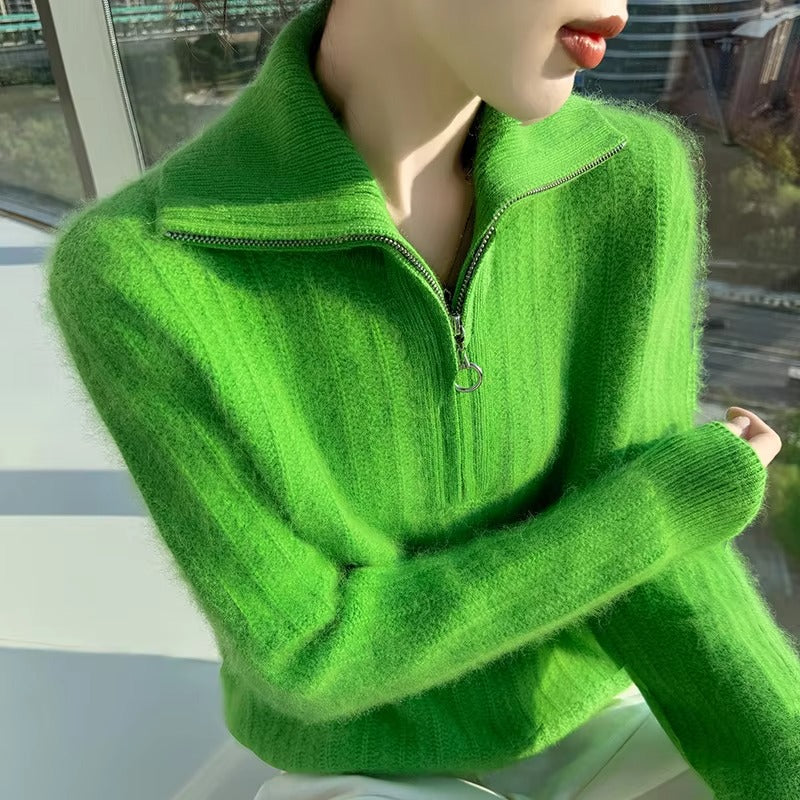 Women's 100% Mink Cashmere Mock-Neck Zipper Sweater – Soft Knit Winter Pullover