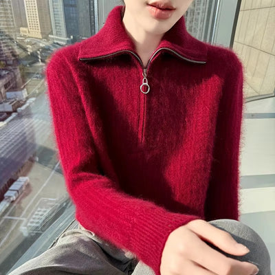 Women's 100% Mink Cashmere Mock-Neck Zipper Sweater – Soft Knit Winter Pullover