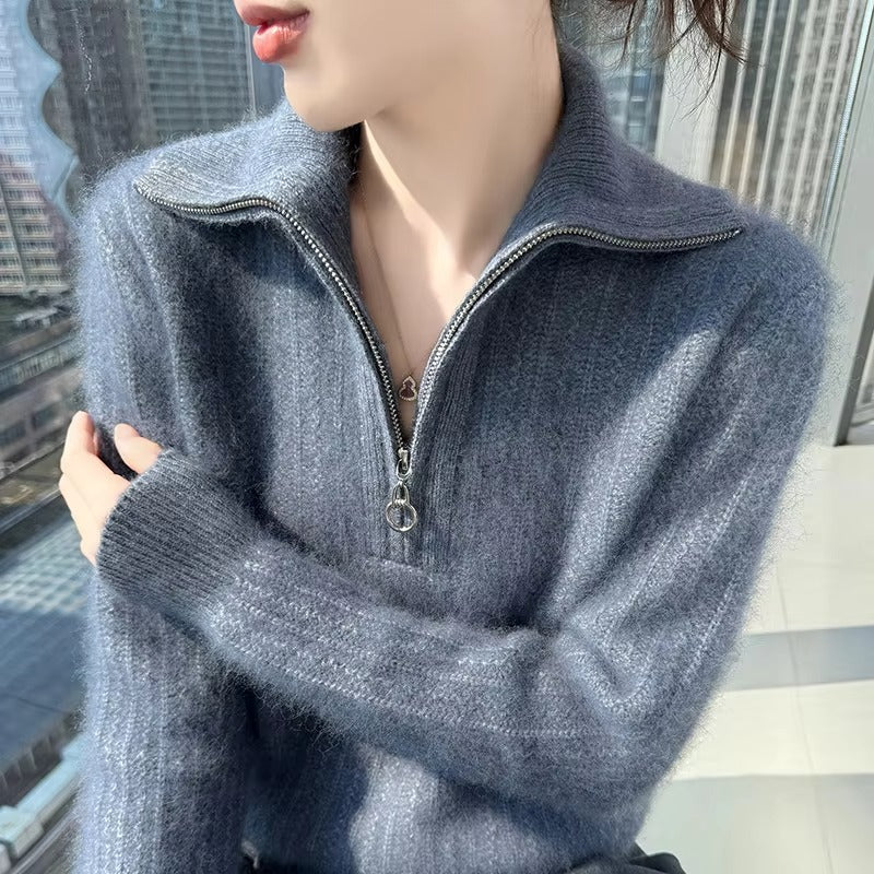 Women's 100% Mink Cashmere Mock-Neck Zipper Sweater – Soft Knit Winter Pullover
