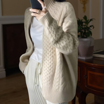 Women’s Thick Turtleneck Cashmere Knit Cardigan – Loose Winter Wool Sweater Jacket