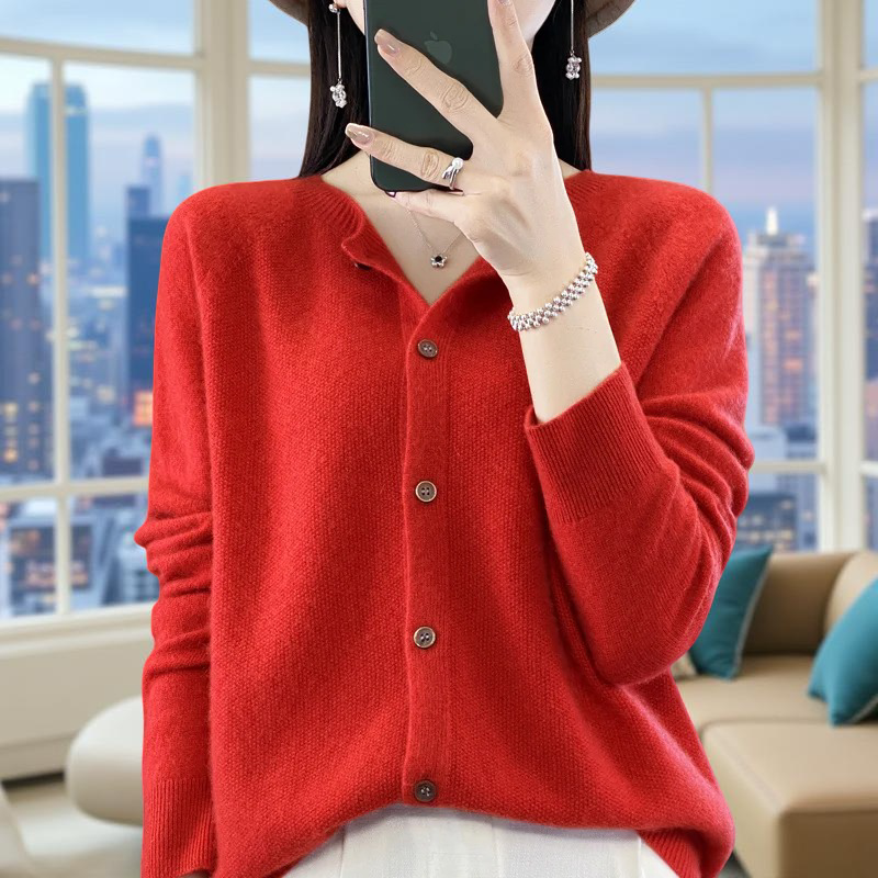 100% Merino Wool Cardigan – Soft Cashmere Knit O-Neck Sweater