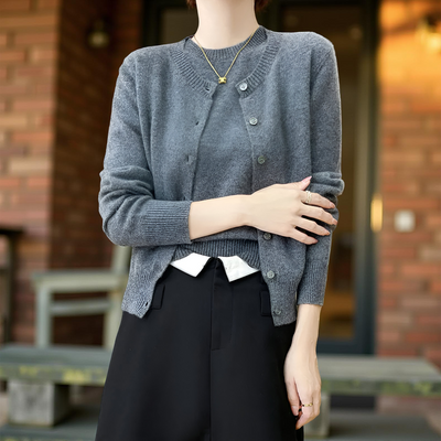 Women’s Two-Piece Set 100% Merino Wool O-Neck Cardigan & Short Sleeve Pullover Knit Top