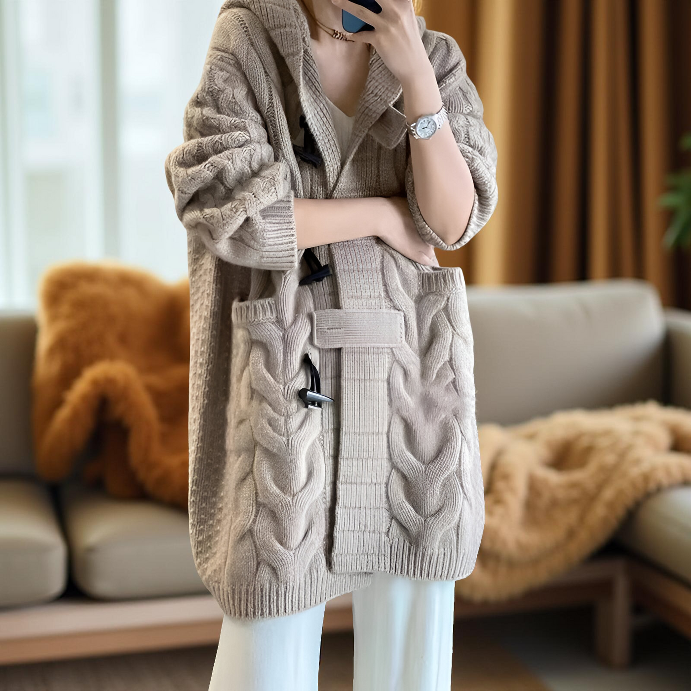 Women’s 100% Pure Merino Wool Hooded Cardigan – Long Knit Sweater with Horn Buttons