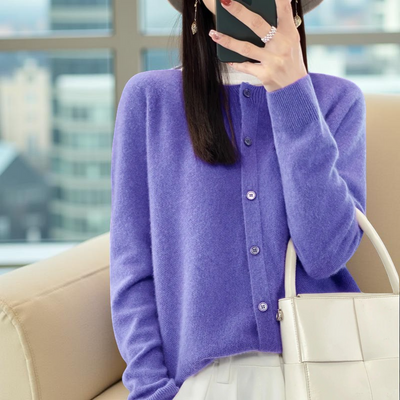 100% Merino Wool Cardigan – Soft Cashmere Knit O-Neck Sweater