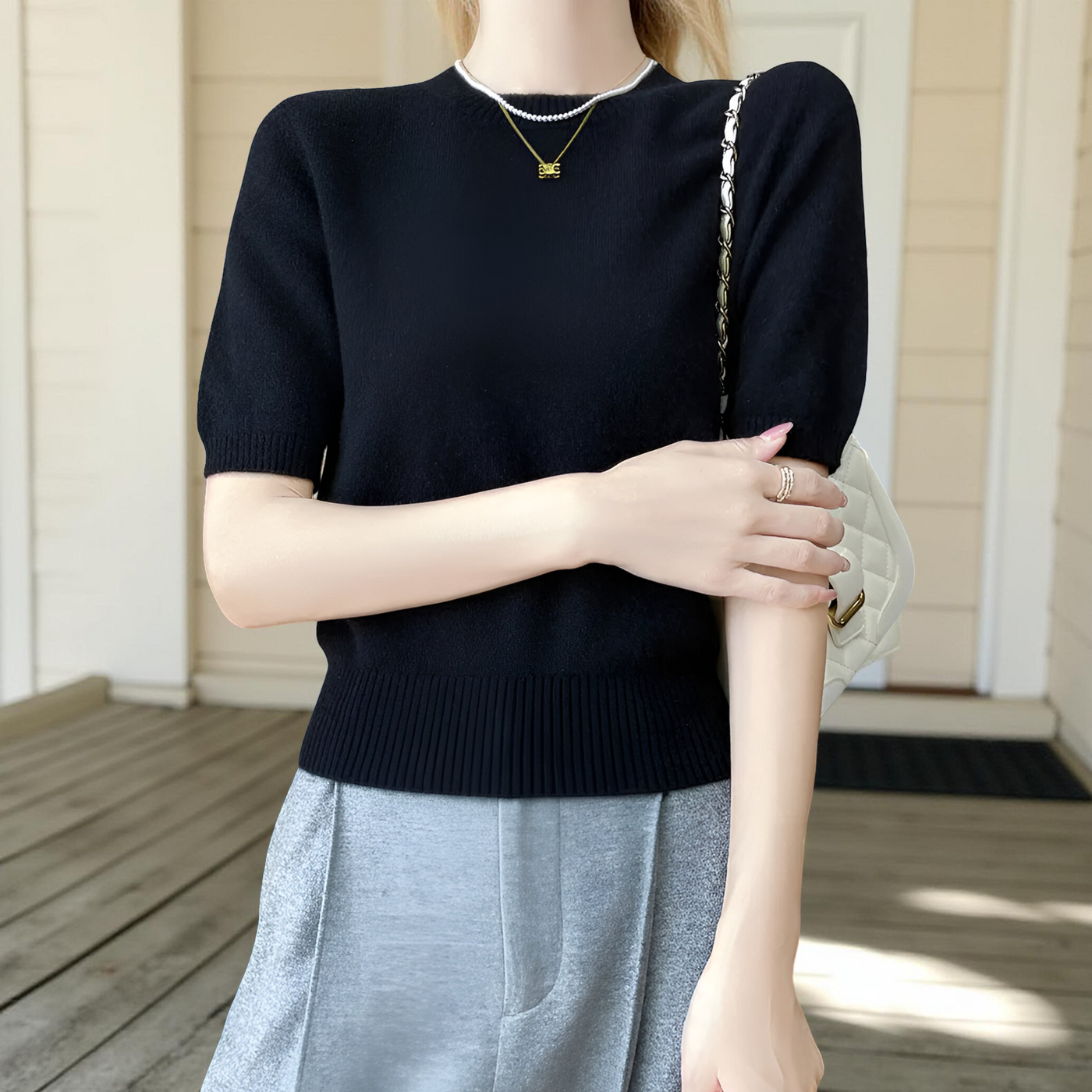 Women’s Two-Piece Set 100% Merino Wool O-Neck Cardigan & Short Sleeve Pullover Knit Top