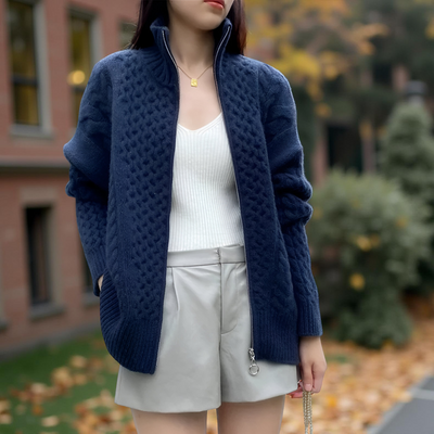 Women’s Thick Turtleneck Cashmere Knit Cardigan – Loose Winter Wool Sweater Jacket