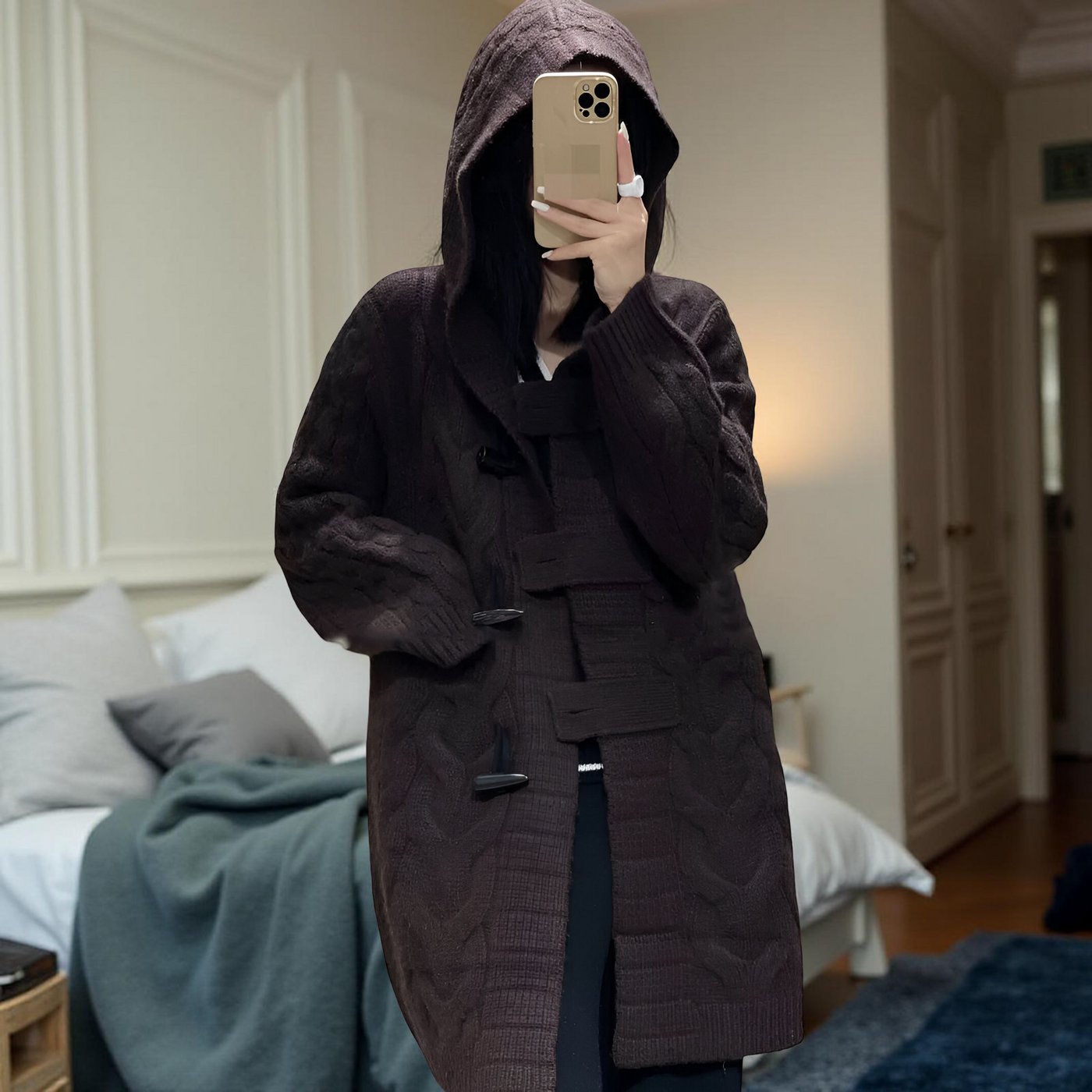 Women’s 100% Pure Merino Wool Hooded Cardigan – Long Knit Sweater with Horn Buttons