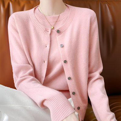 Women’s Two-Piece Set 100% Merino Wool O-Neck Cardigan & Short Sleeve Pullover Knit Top