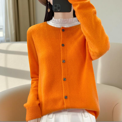 100% Merino Wool Cardigan – Soft Cashmere Knit O-Neck Sweater