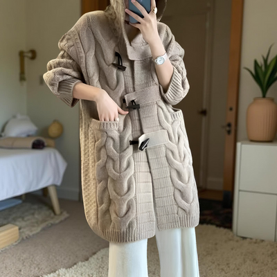 Women’s 100% Pure Merino Wool Hooded Cardigan – Long Knit Sweater with Horn Buttons