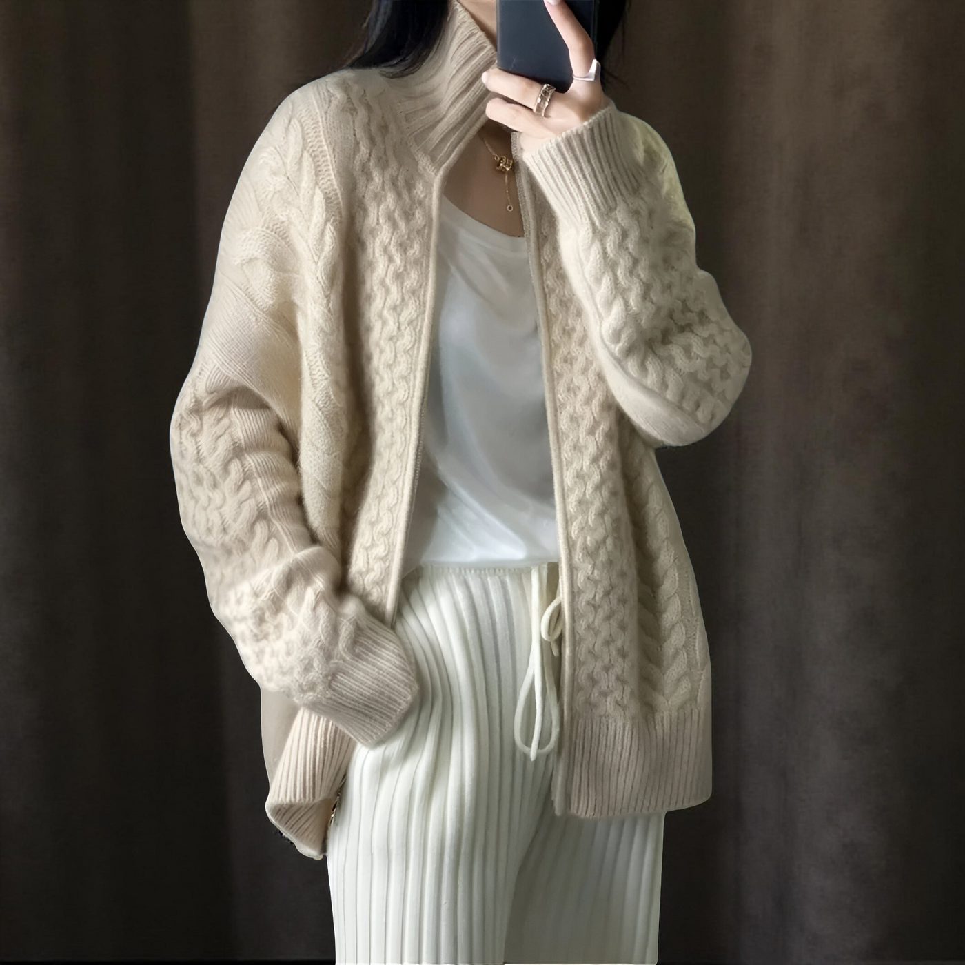 Women’s Thick Turtleneck Cashmere Knit Cardigan – Loose Winter Wool Sweater Jacket