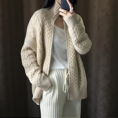 Women’s Thick Turtleneck Cashmere Knit Cardigan – Loose Winter Wool Sweater Jacket