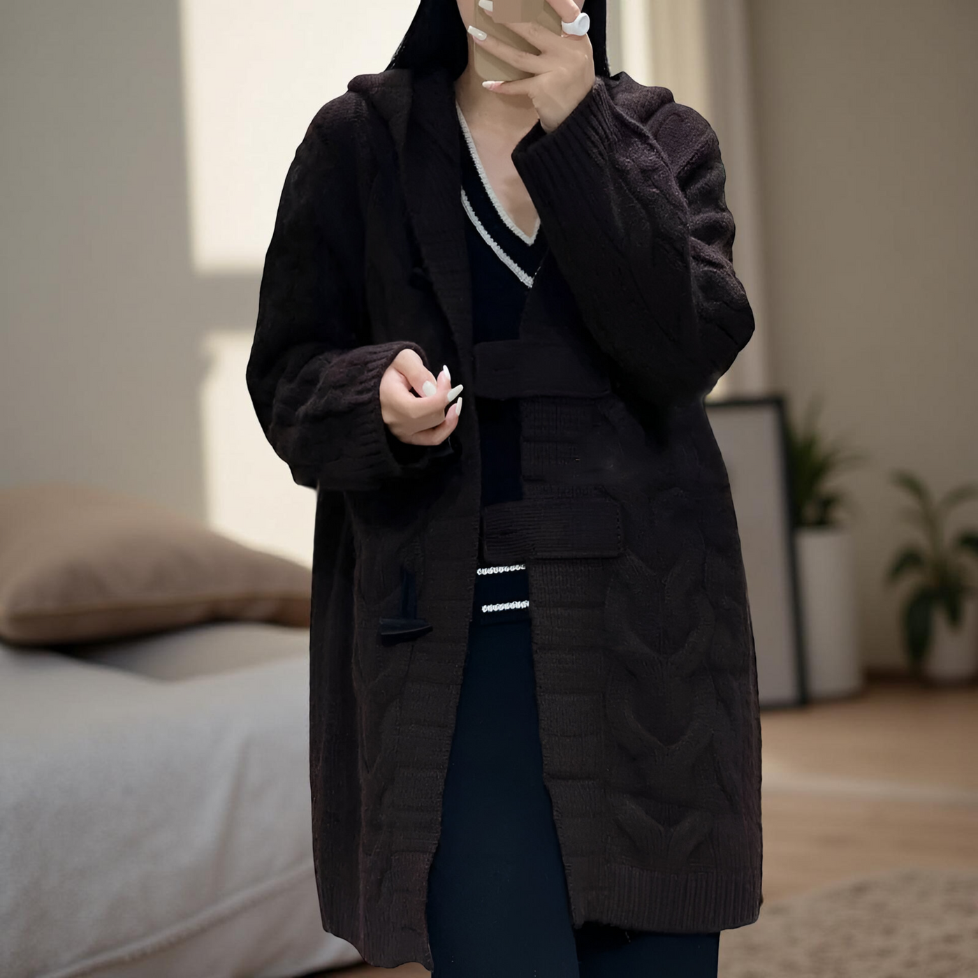 Women’s 100% Pure Merino Wool Hooded Cardigan – Long Knit Sweater with Horn Buttons