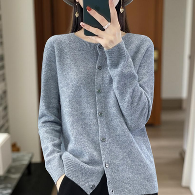 100% Merino Wool Cardigan – Soft Cashmere Knit O-Neck Sweater