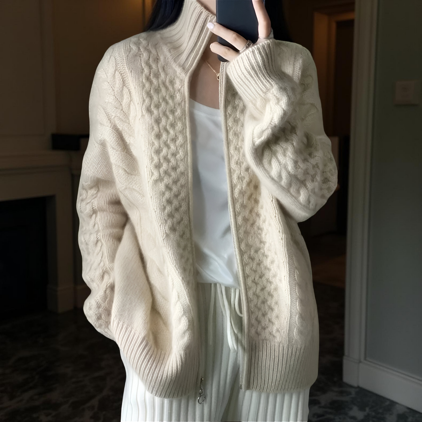 Women’s Thick Turtleneck Cashmere Knit Cardigan – Loose Winter Wool Sweater Jacket
