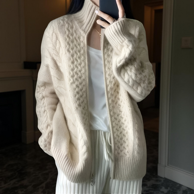 Women’s Thick Turtleneck Cashmere Knit Cardigan – Loose Winter Wool Sweater Jacket