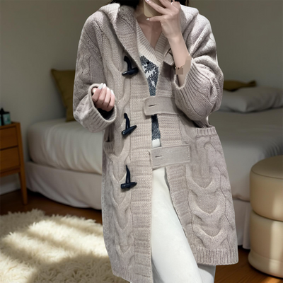 Women’s 100% Pure Merino Wool Hooded Cardigan – Long Knit Sweater with Horn Buttons