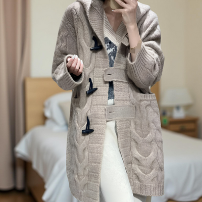 Women’s 100% Pure Merino Wool Hooded Cardigan – Long Knit Sweater with Horn Buttons
