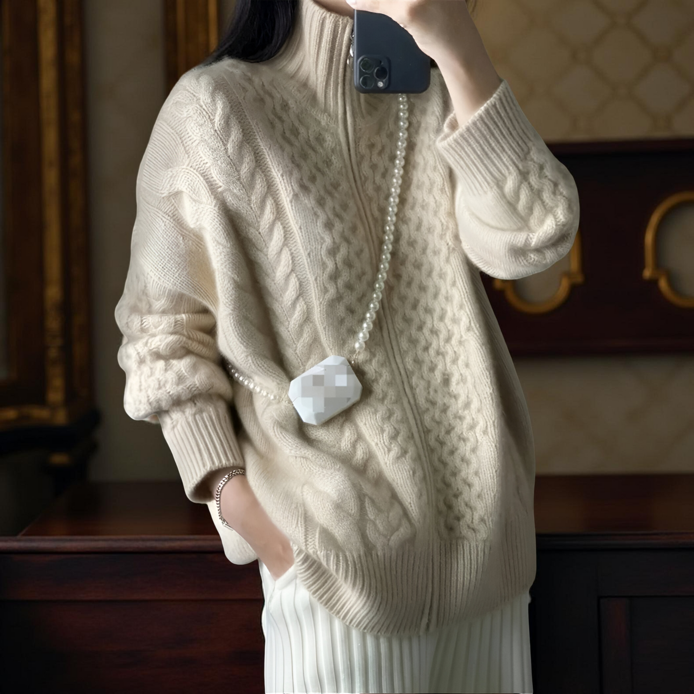 Women’s Thick Turtleneck Cashmere Knit Cardigan – Loose Winter Wool Sweater Jacket