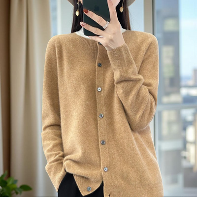 100% Merino Wool Cardigan – Soft Cashmere Knit O-Neck Sweater