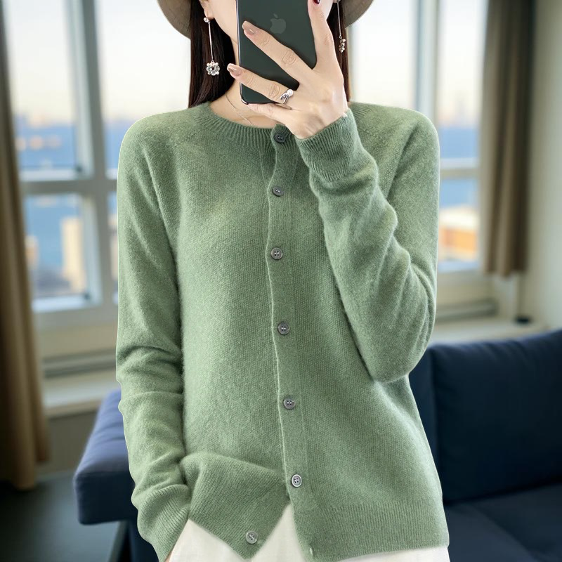 100% Merino Wool Cardigan – Soft Cashmere Knit O-Neck Sweater