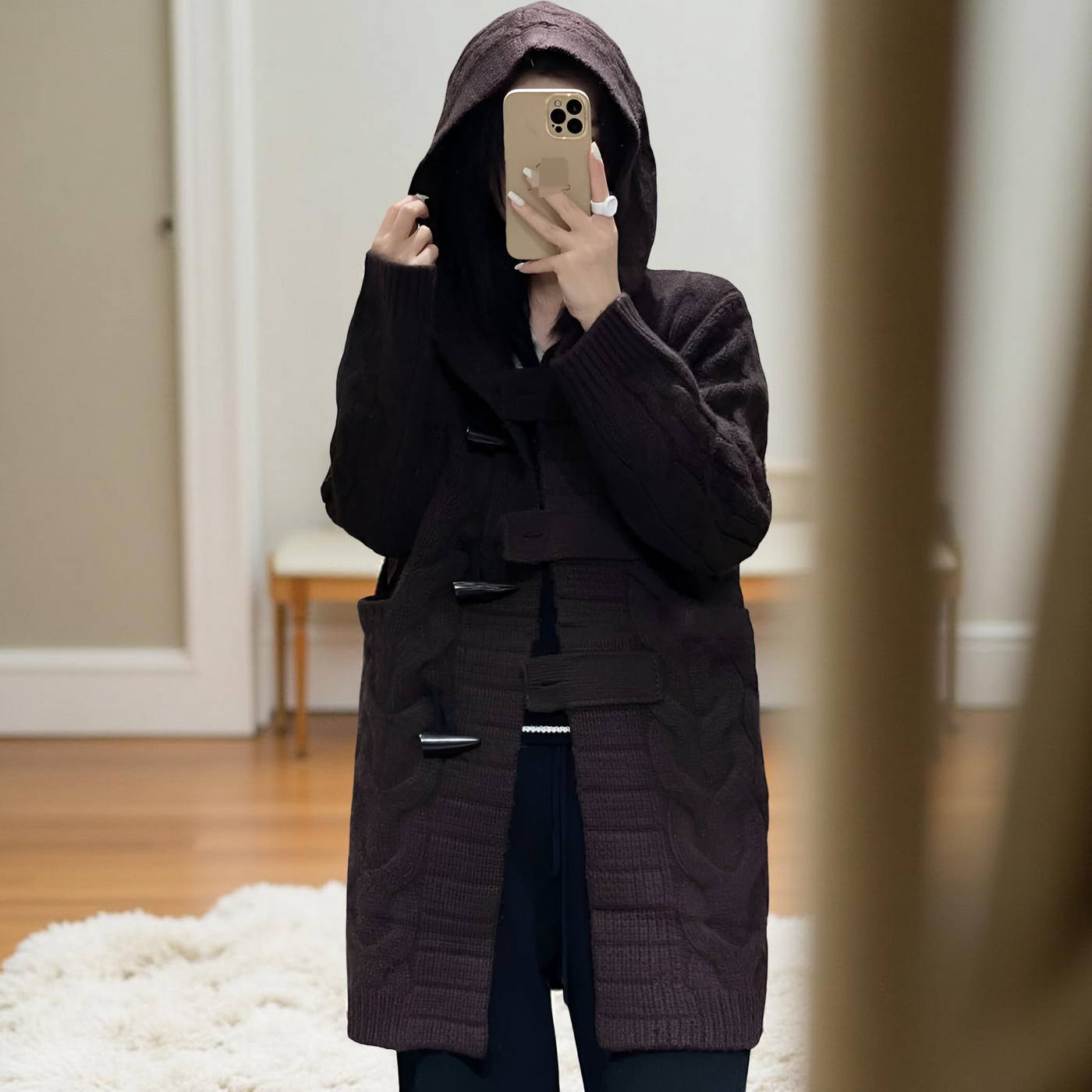 Women’s 100% Pure Merino Wool Hooded Cardigan – Long Knit Sweater with Horn Buttons