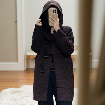 Women’s 100% Pure Merino Wool Hooded Cardigan – Long Knit Sweater with Horn Buttons