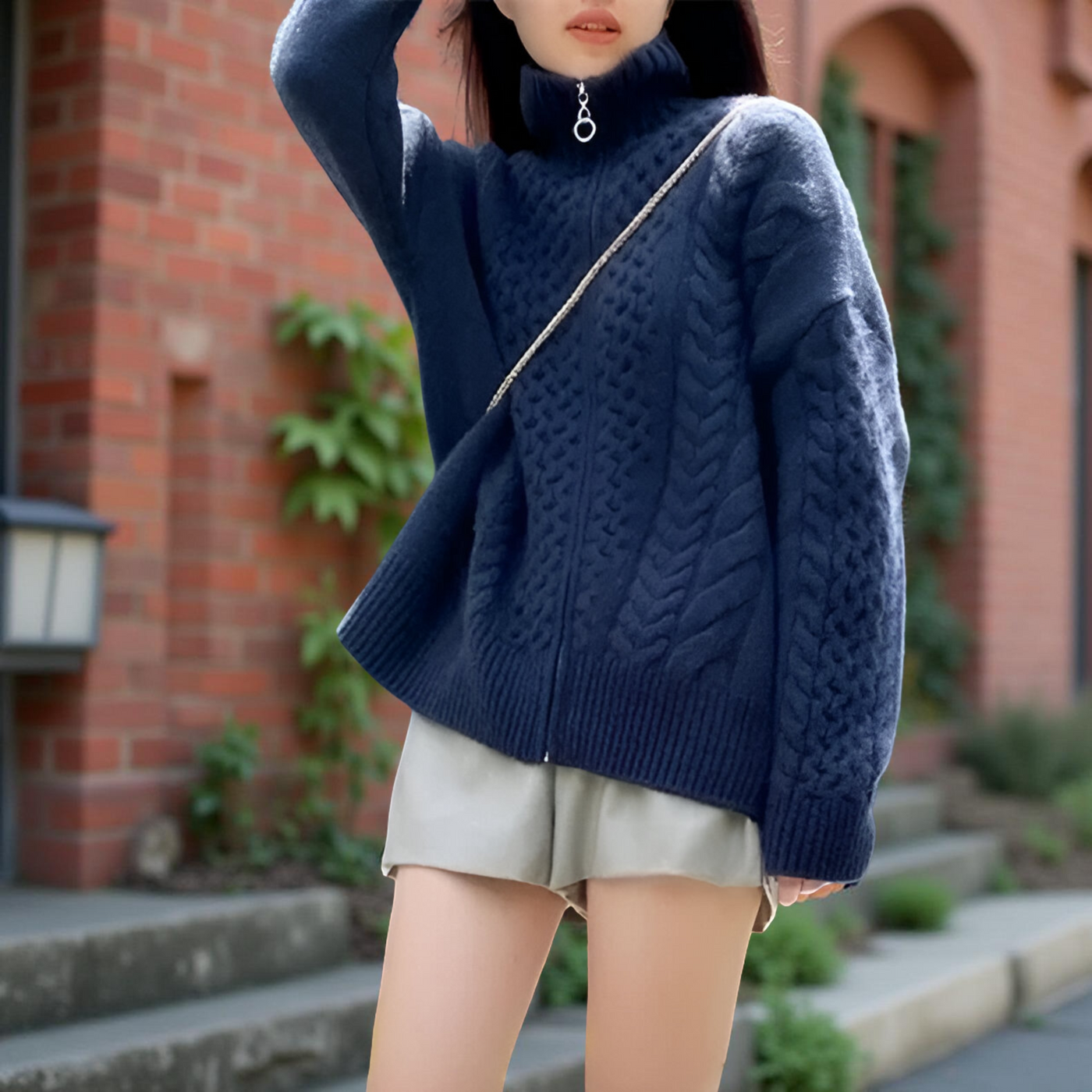 Women’s Thick Turtleneck Cashmere Knit Cardigan – Loose Winter Wool Sweater Jacket