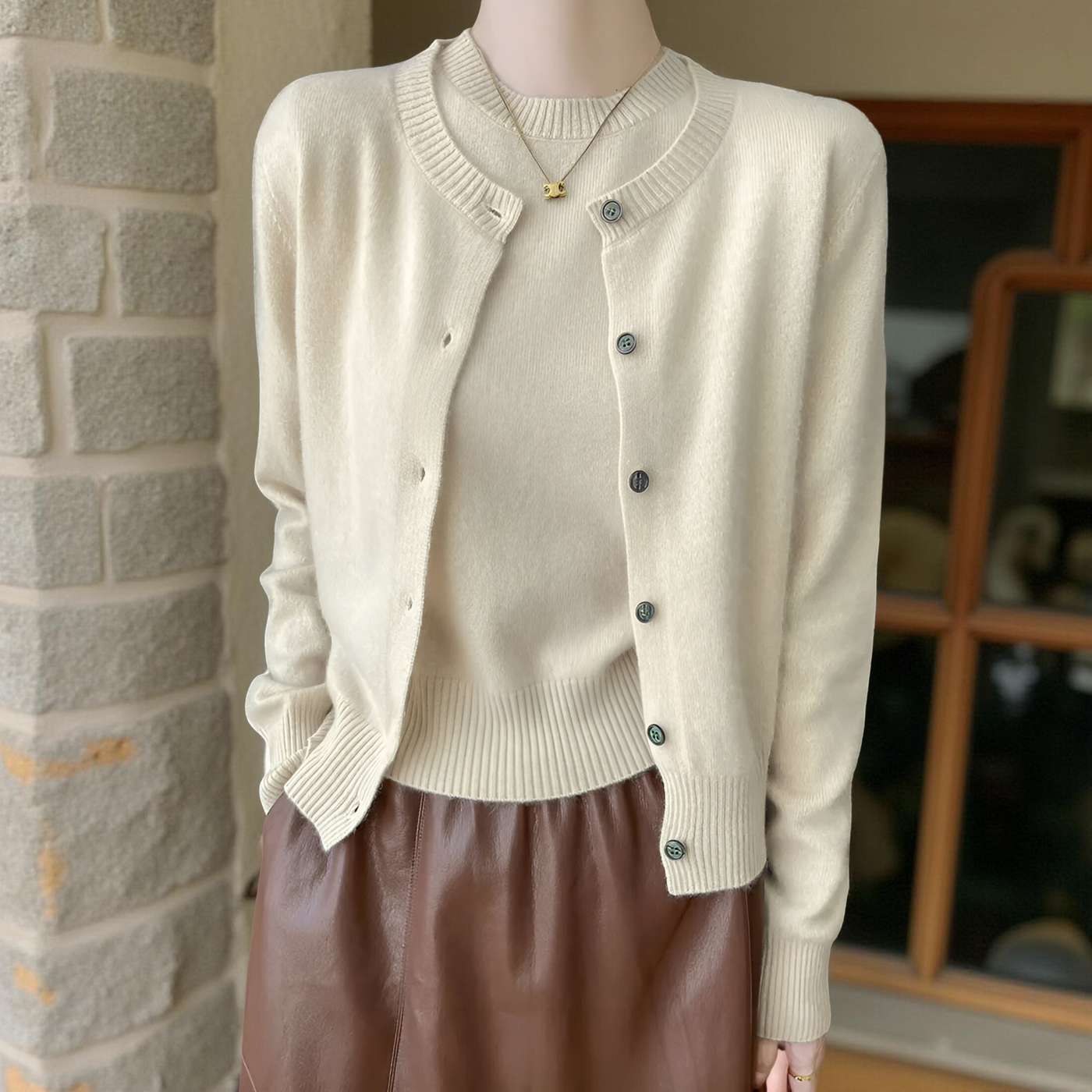 Women’s Two-Piece Set 100% Merino Wool O-Neck Cardigan & Short Sleeve Pullover Knit Top