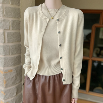 Women’s Two-Piece Set 100% Merino Wool O-Neck Cardigan & Short Sleeve Pullover Knit Top