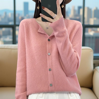 100% Merino Wool Cardigan – Soft Cashmere Knit O-Neck Sweater