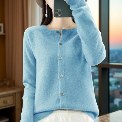 100% Merino Wool Cardigan – Soft Cashmere Knit O-Neck Sweater