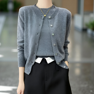 Women’s Two-Piece Set 100% Merino Wool O-Neck Cardigan & Short Sleeve Pullover Knit Top