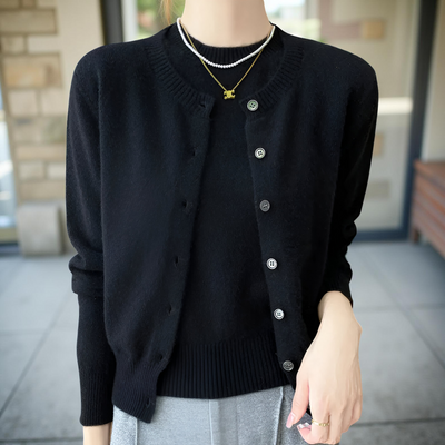 Women’s Two-Piece Set 100% Merino Wool O-Neck Cardigan & Short Sleeve Pullover Knit Top