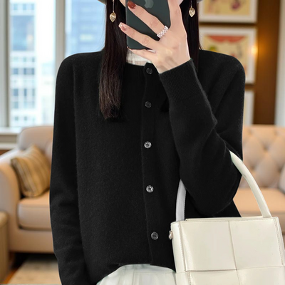 100% Merino Wool Cardigan – Soft Cashmere Knit O-Neck Sweater