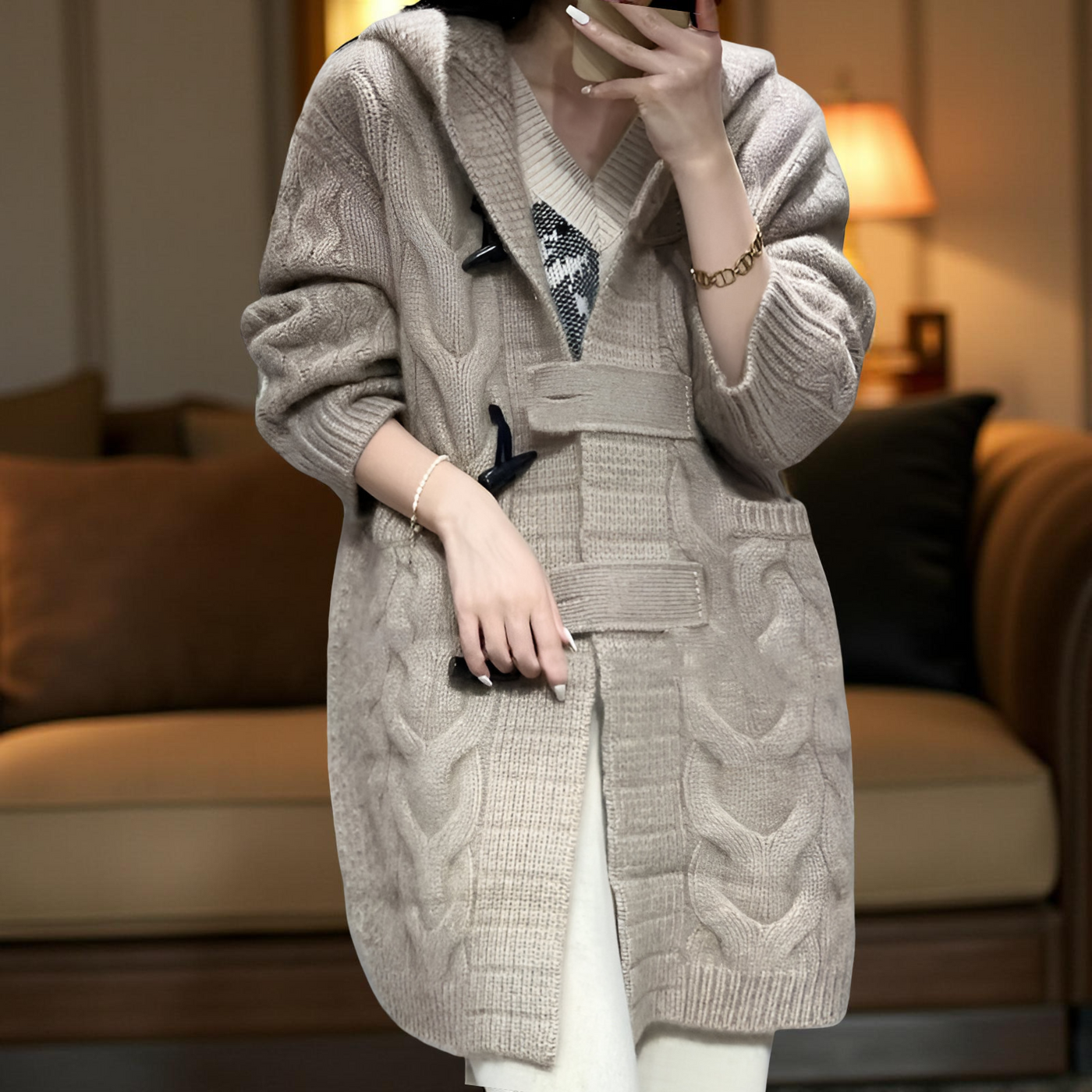 Women’s 100% Pure Merino Wool Hooded Cardigan – Long Knit Sweater with Horn Buttons