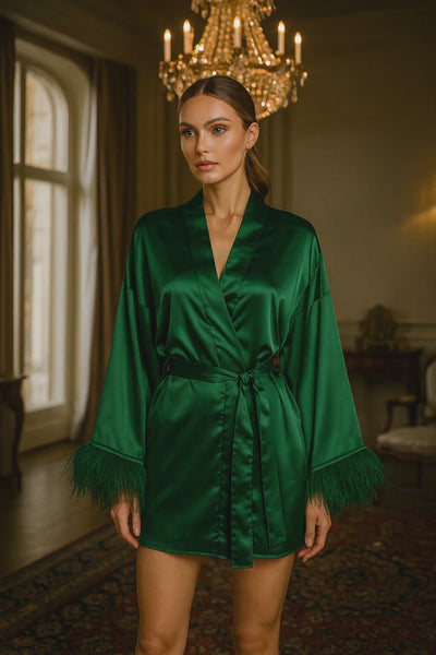 Feather Satin Robe – Women’s Long Sleeve Bridal Nightdress