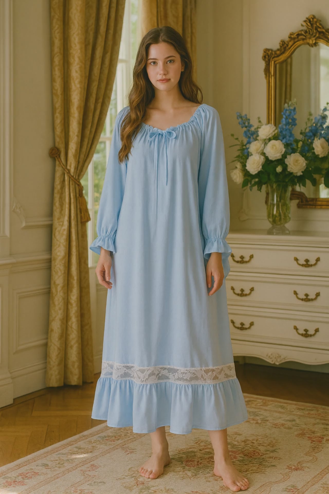 Victorian Cotton Lace Nightgown – Summer Long Robe Sleepwear