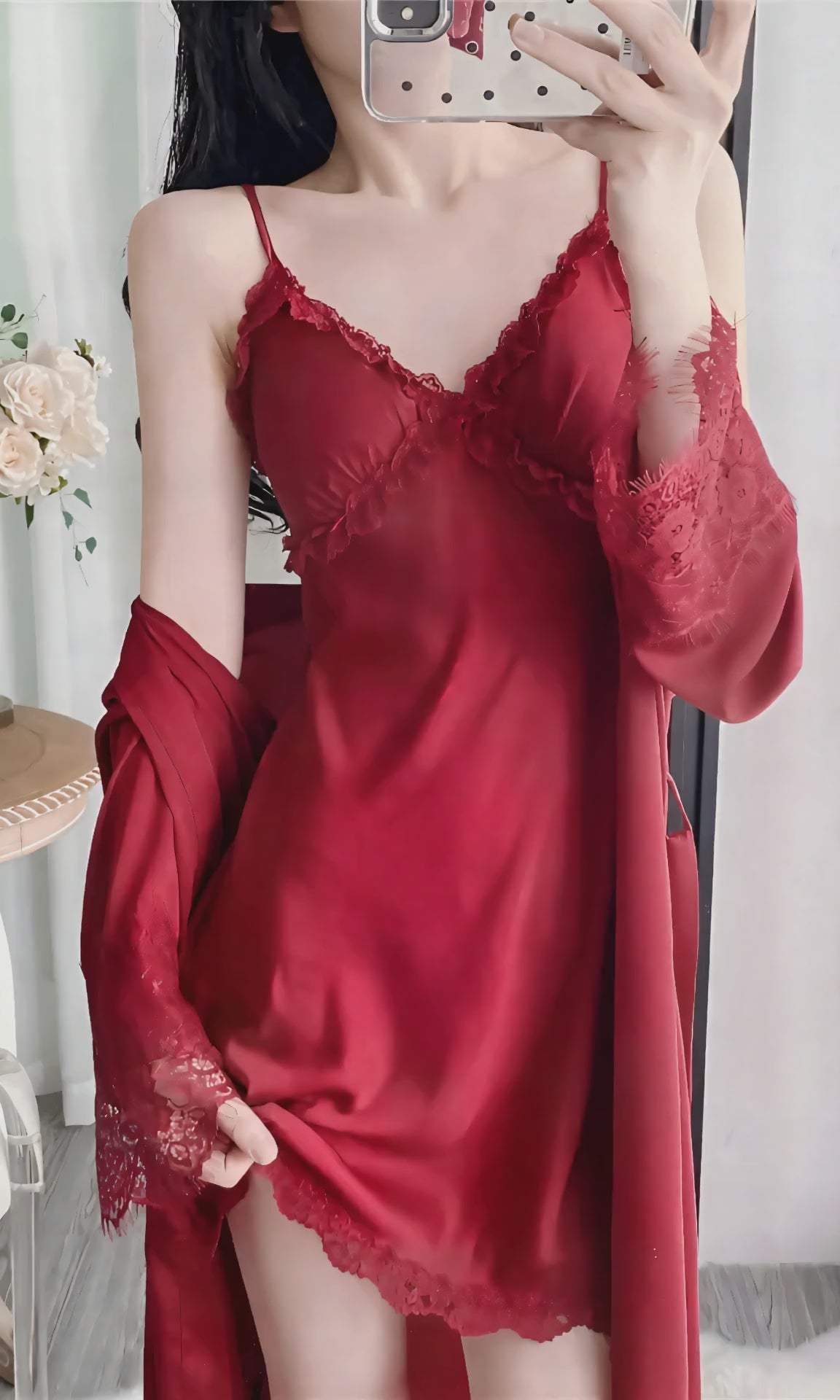 Women’s Luxury Silk Robe Set – Two Piece Long Sleeve Robe & Slip Nightdress