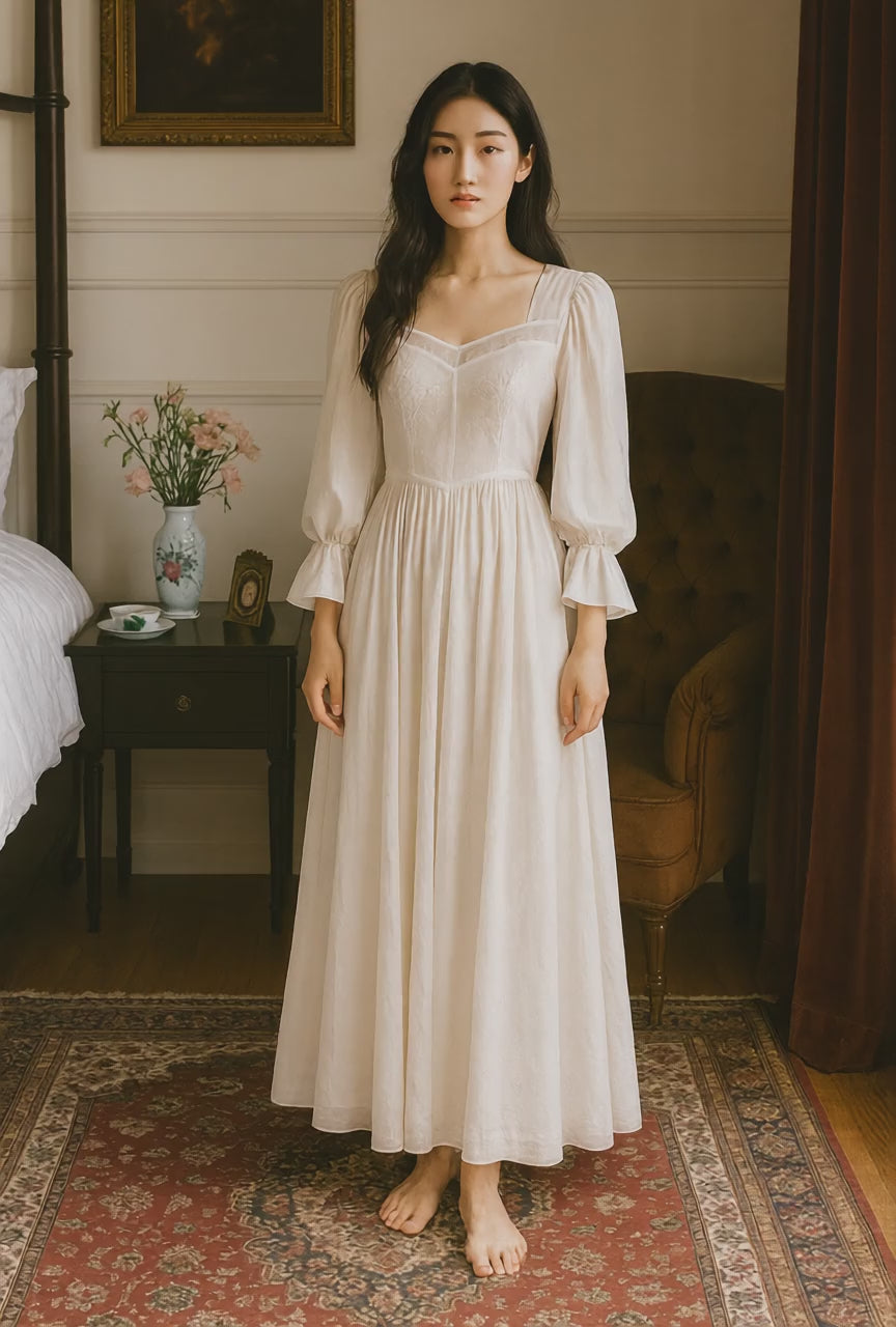 Vintage Embroidered Cotton Nightgown – Victorian Long Princess Sleepwear for Women