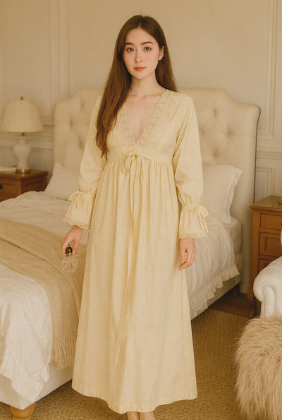 Vintage Beige Lace Nightgown – Long Sleeve Cotton Nightdress