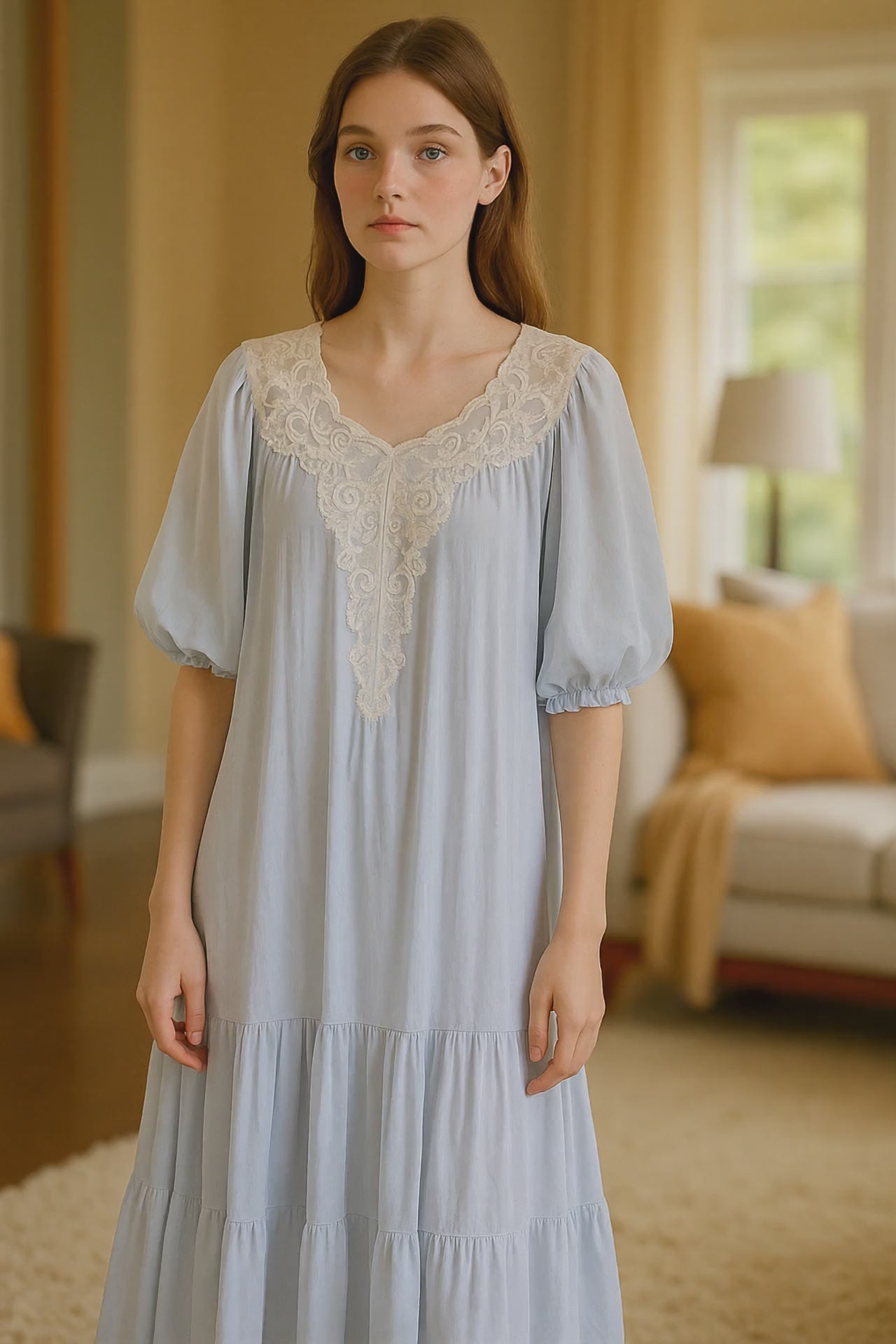 Summer Fairy Princess Sleepwear – White Blue Victorian Cotton Night Dress for Women