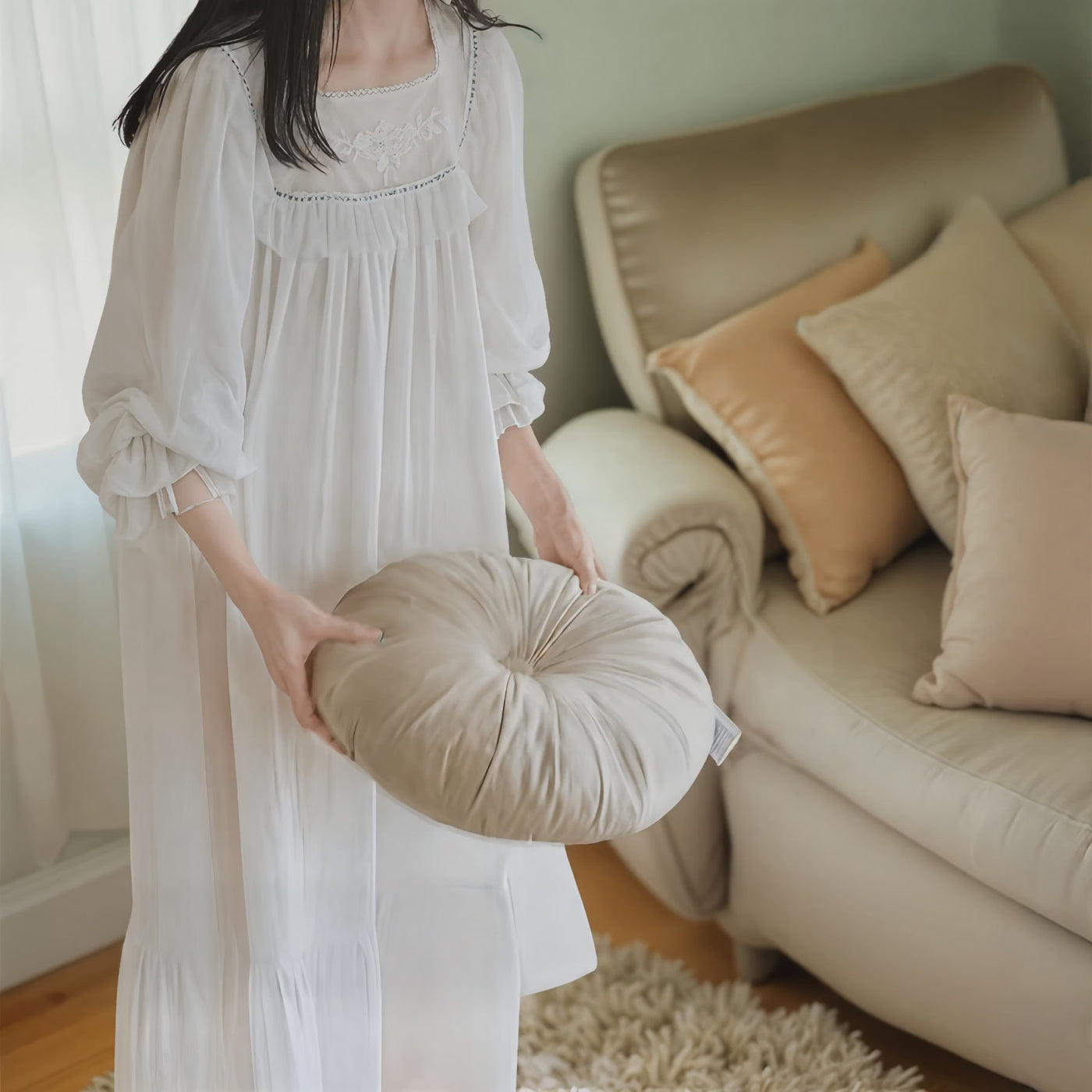 Victorian Lolita Style Night Dress – White Embroidered Cotton Lace Nightgown for Women