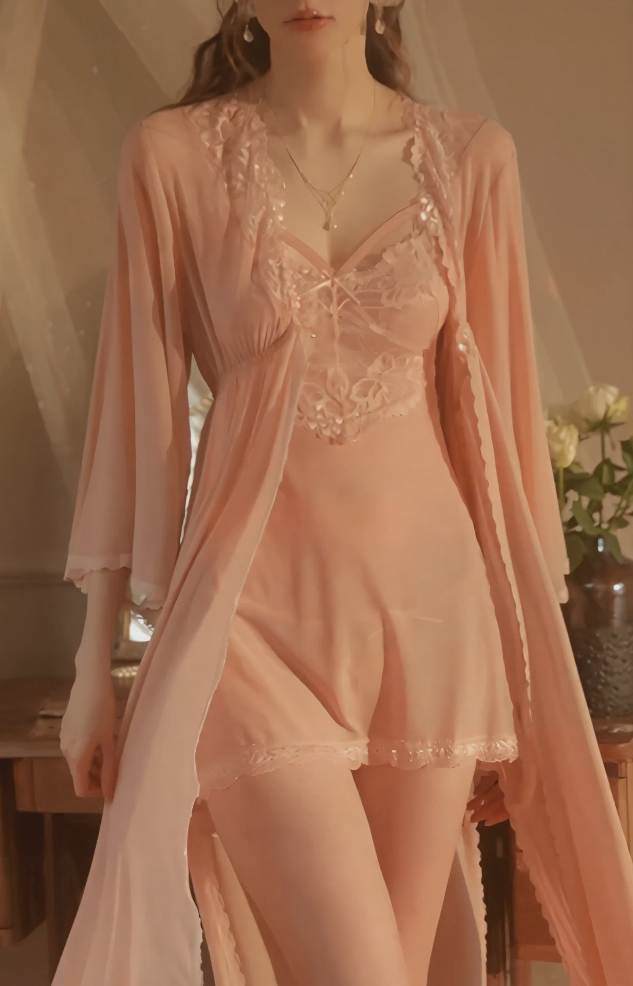 Women’s Fairy Ice Silk Robe Set – Sexy V-Neck Lace Lingerie Nightwear & Sleepwear