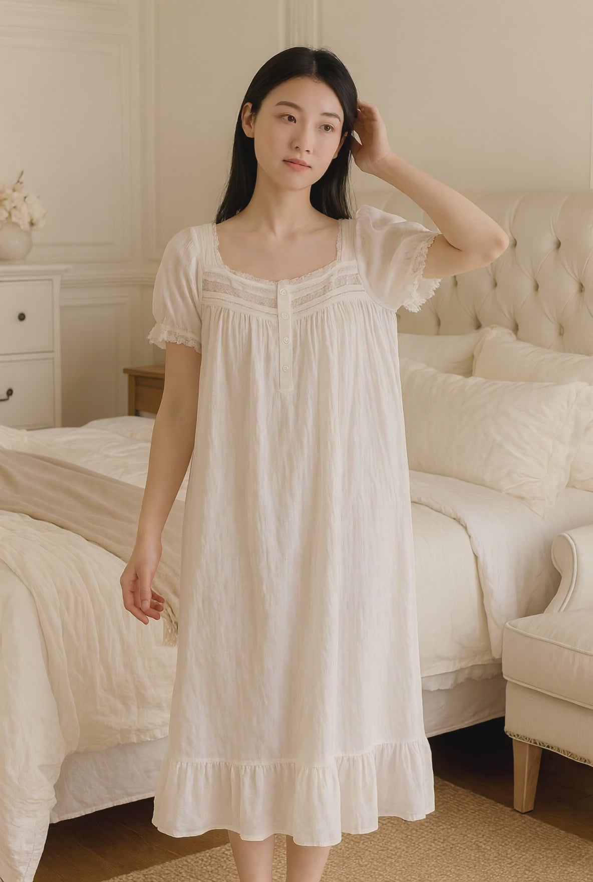 Princess Sleepwear for Women – Pure Cotton White Peignoir Victorian Long Night Dress
