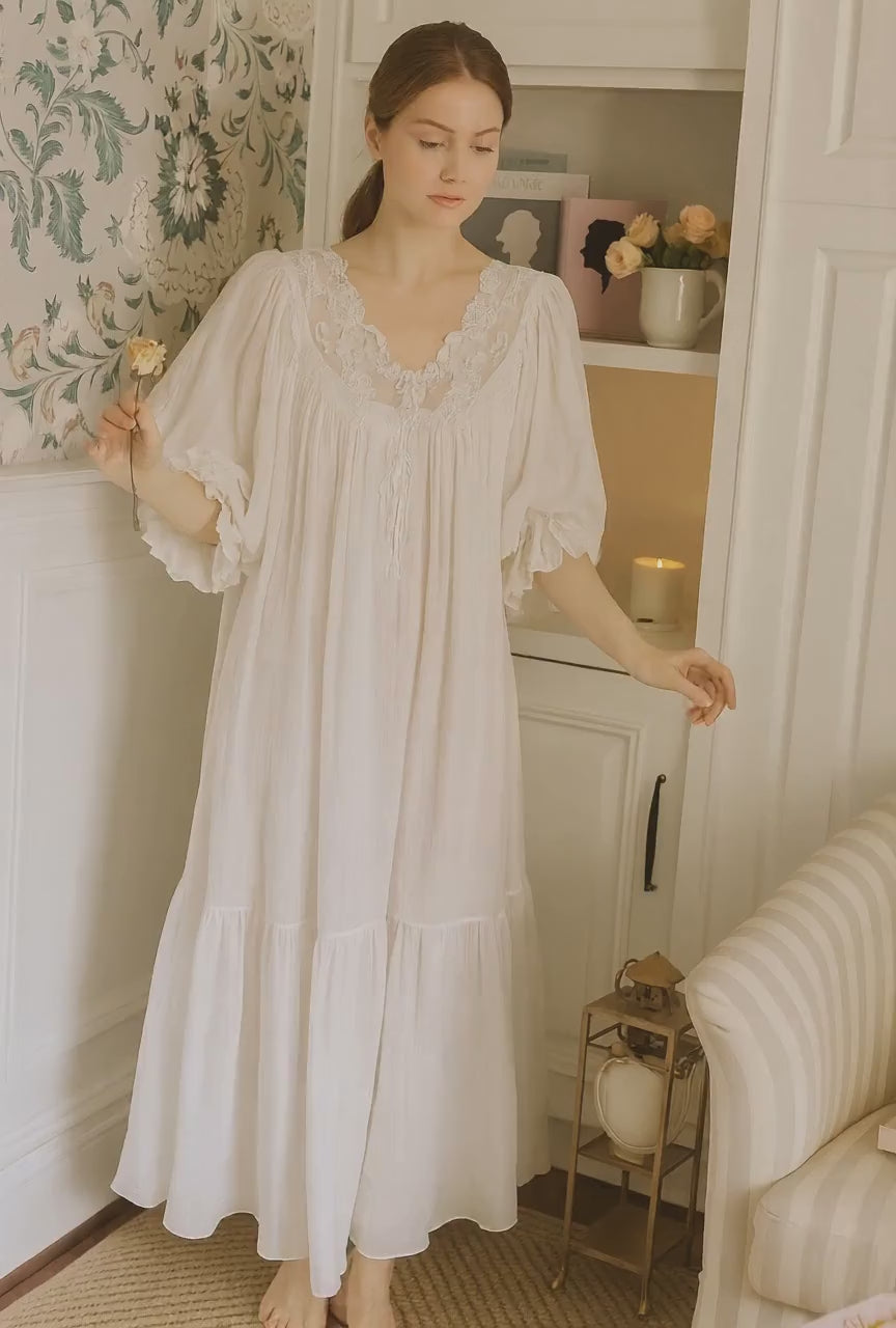 Romantic White Lace Nightgown – Long, Loose-Fit 100% Cotton Sleepwear for Women