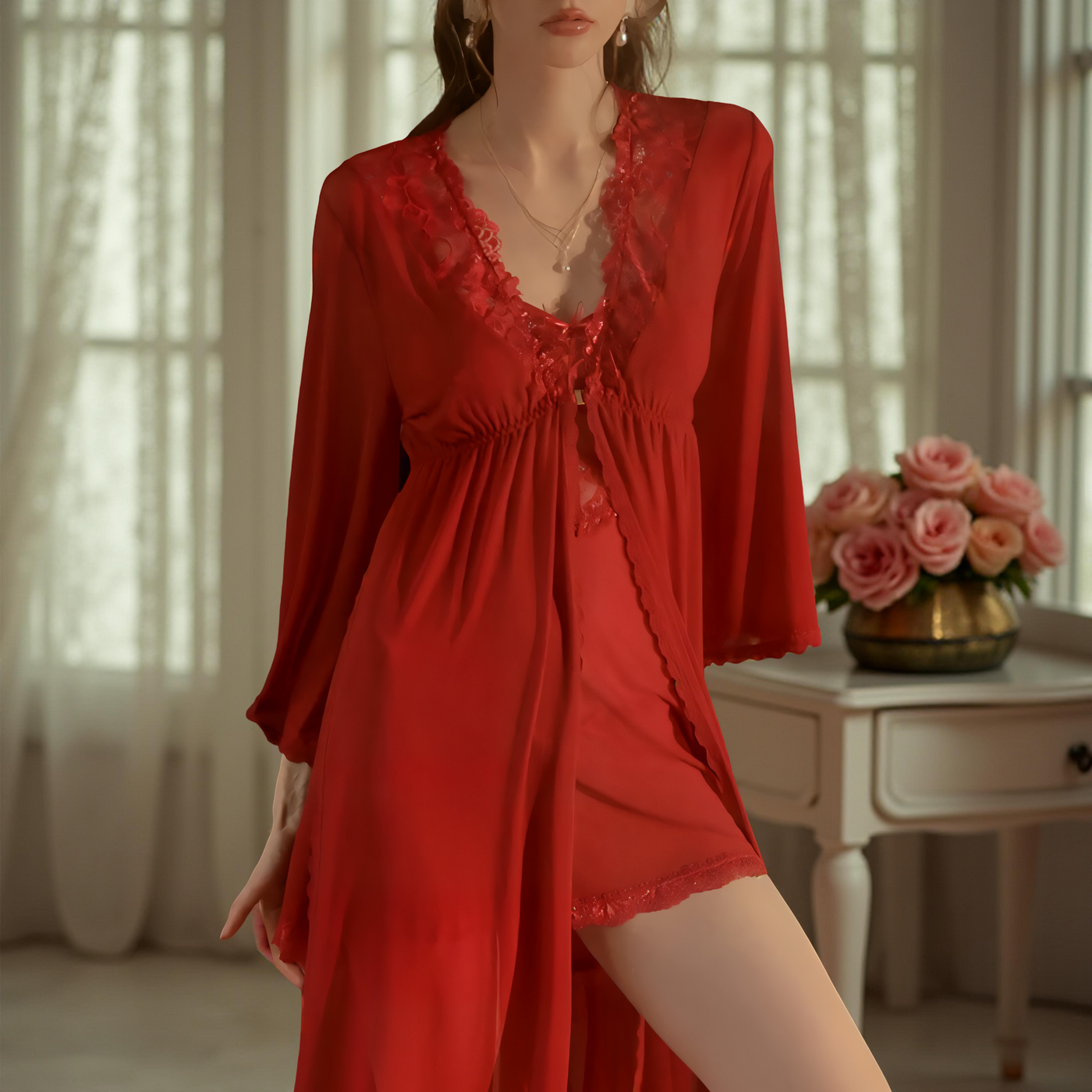 Sheer Red lace nightdress with matching robe and deep V neckline – Velourine Attire luxury lingerie