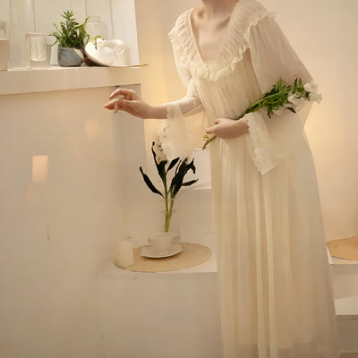 Broader view of Cream chiffon nightgown with lace straps and delicate ruffle trim – Velourine Attire vintage-inspired sleepwear